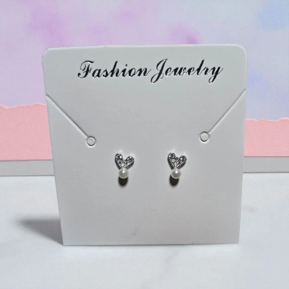 Silver Rhinestone Heart Stud Earrings with Peral Drop Cute‎ Fashion Jewerly